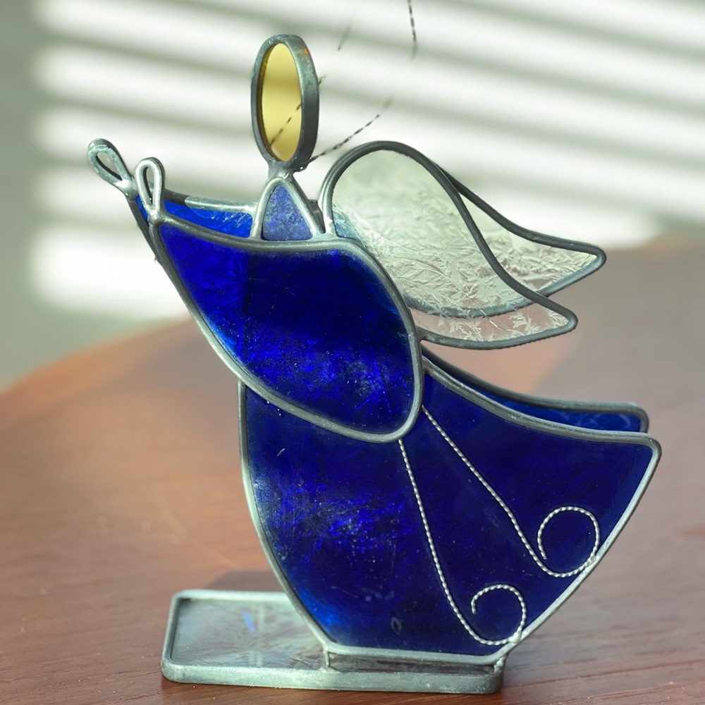 Glass House Studio stained glass blue angel display
